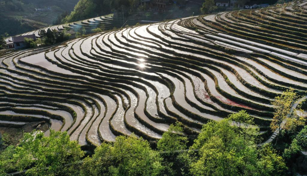中 산시성 란가오현, 춘경 앞둔 ‘천묘 계단식 논밭’의 전원 풍경